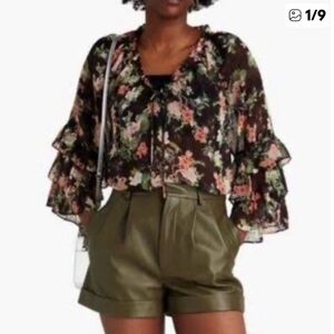 Alice + Olivia Kallie Black Green Pink Floral Georgette Blouse w Ruffle Sleeves